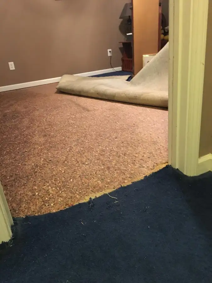 Carpet pad removal revealing water damage during Drying & Dehumidification in Gallup